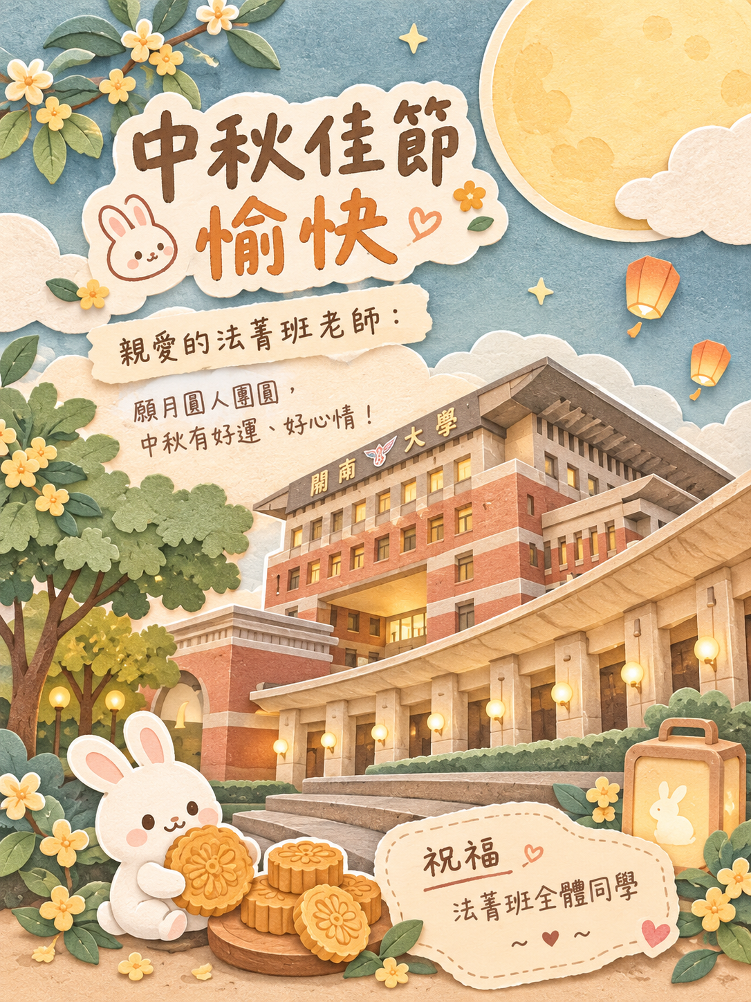 柔和可愛的手工紙雕分層插畫風+中秋賀卡